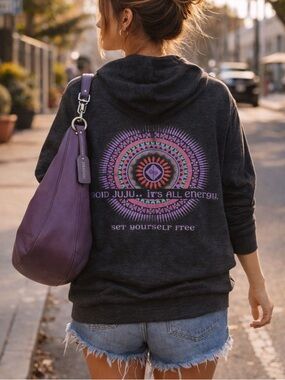 Blue 84 Charcoal Hoodie with Purple and Pink Mandala Graphic